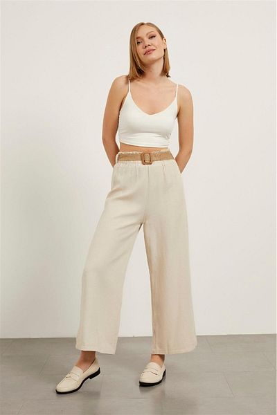 Lacesta Wide Belted Wide Leg Straight Linen Women's Trousers