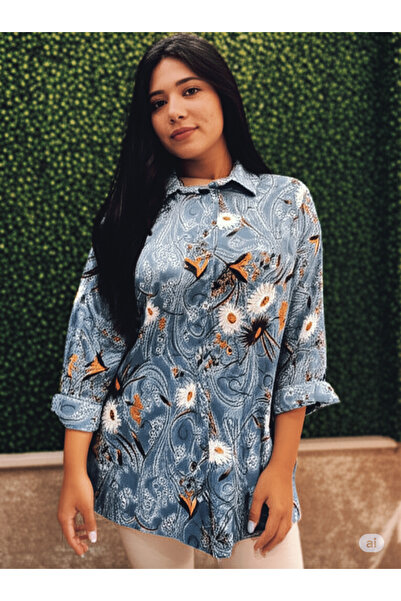 DHDmoda Koyu Mavi Çiçekli Krep Moss Gömlek