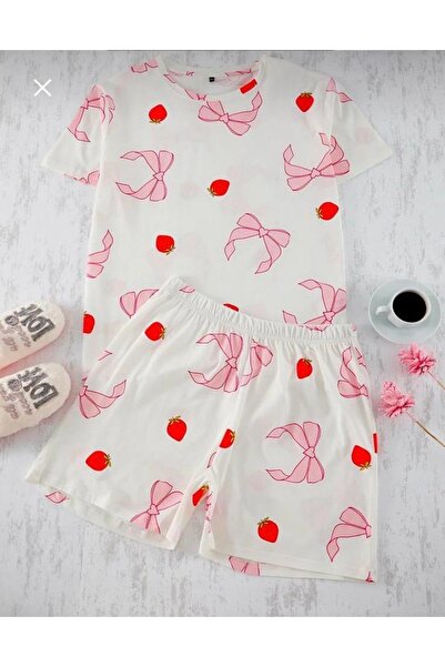 LETS BASIC Organic Cotton Strawberry Bow Printed Short Sleeve Shorts Pajamas Set