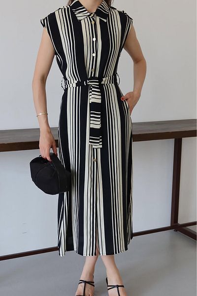 Neşeli Butik Women's Vertical Stripes Belt Shirt Dress Nbnp002