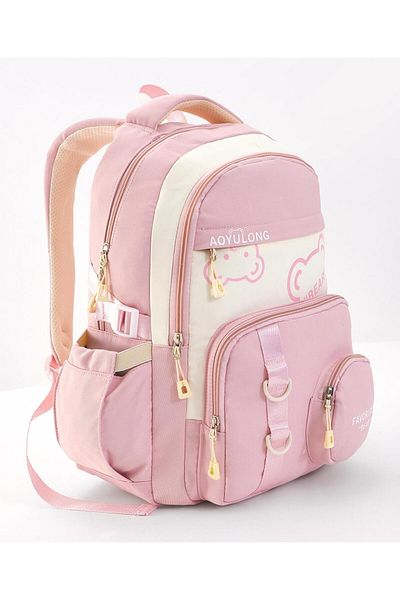 Bonfino Bonfino School Bag Bear Themed, Padded Straps, Water Bottle Holder, Pink - 17 Inches