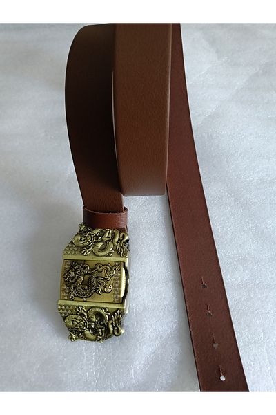 Butik Tülin Unisex Authentic Genuine Cowhide Coffee Bronze 3 Dragon Lighter Cowboy Buckle Belt Thailand
