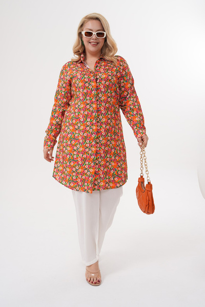 Polologin Butik Small Floral Patterned Orange Viscose Tunic