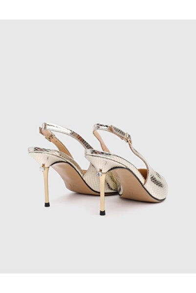 İLVİ Panya Hakiki Yılan Baskılı Deri Kadın Altın Renk Topuklu Sandalet
