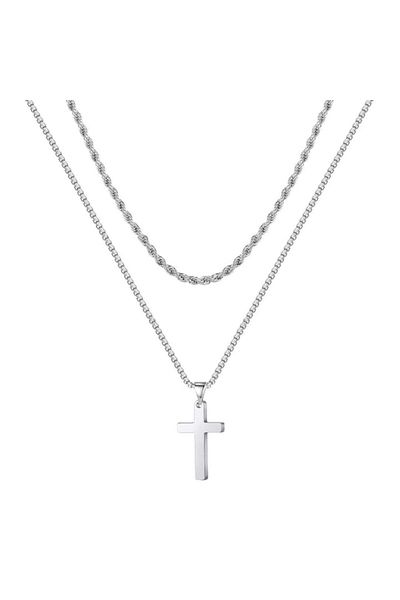 Tessero Set doua lantisoare model Rope Chain si design cubic cu pandantiv in forma de cruce, otel inoxidabil