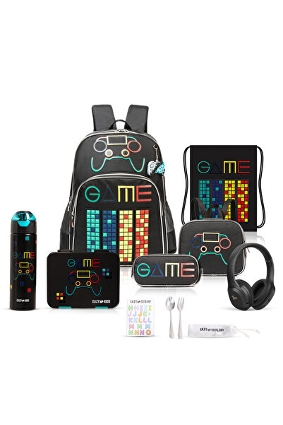 Eazy Kids 17" Set of 7 School Bag w/ Water Bottle, Lunch Box, Lunch Bag, Acti...