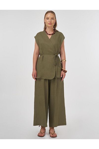 Kayra 100% Linen Vest Suit Khaki