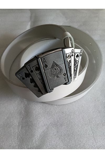 Butik Tülin Unisex Authentic Genuine Cowhide White Silver Poker Spade Royal Flush Cowboy Buckle Belt Thailand