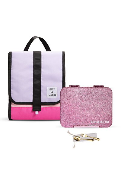 Eazy Kids 6&4 Convertible Bento Lunch Box w/ Lunch Bag-Glitter Pink