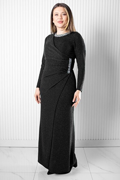 SUBU TASARIM Evening Dress with Stone Print Detail Black Tbsmda2537