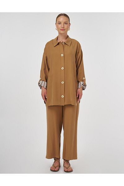 Kayra Button Detailed Rayon Double Suit Tobacco