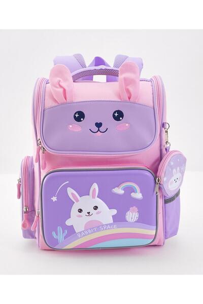 Bonfino حقيبة ظهر بونفينو بتصميم أرنب، بحزام كتف قابل للتعديل، لون بنفسجي ووردي - 15 بوصة