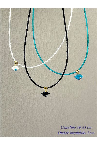 Quella Takı Lak Coating Eye Lip Bead Gold Necklace