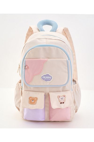 Bonfino Bonfino Teddy School Bag, Dual Compartments, Padded Shoulder Straps, Beige and Pink - 19 Inches