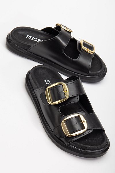 Tonny Black Women's Black Double Strap Buckle Detailed Slippers