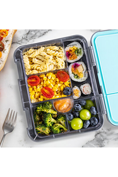 Eazy Kids 6&4 Convertible Bento Lunch Box w/ Lunch Bag, Steel Spoon&Fork Set and Alphabets Sticker-T-Rex Gray