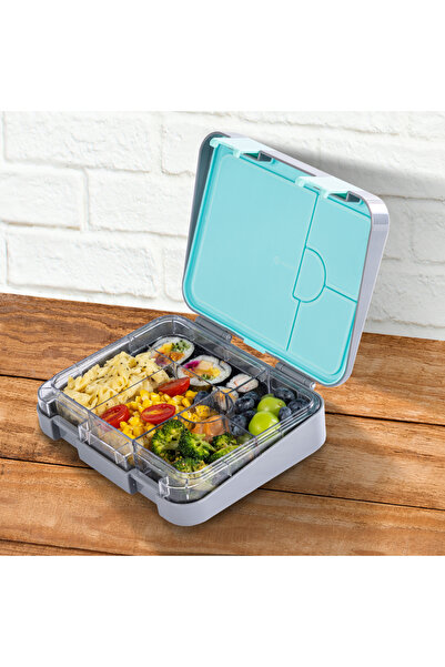 Eazy Kids 6&4 Convertible Bento Lunch Box w/ Lunch Bag, Steel Spoon&Fork Set and Alphabets Sticker-T-Rex Gray