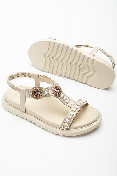 Tonny Black Women's Beige Stone Embroidered Sandals with Elastic Back