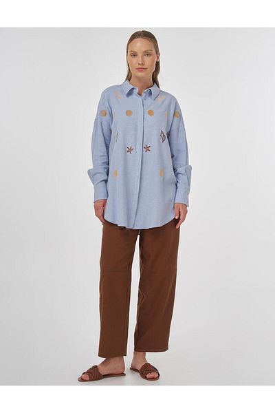 Kayra Embroidered Linen Viscose Tunic Crown Blue