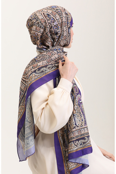 sefamerve Etnik Desenli Soft Şal 90188-09 Eflatun Camel