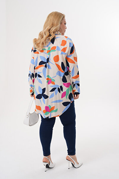 Polologin Butik Abstract Leaf Patterned Beige Viscose Tunic