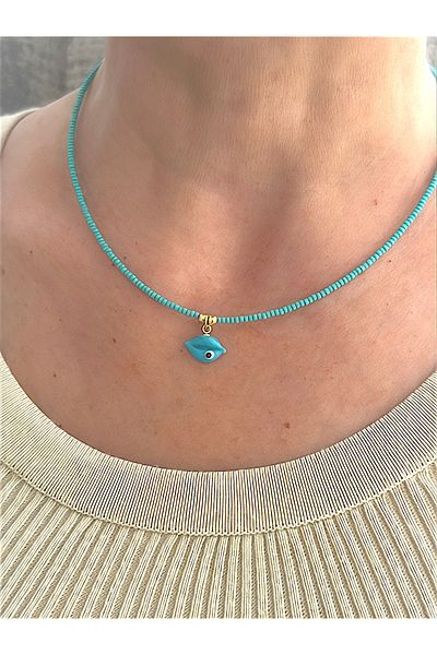 Quella Takı Lak Coating Eye Lip Bead Gold Necklace