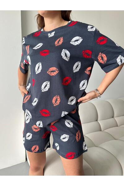 LETS BASIC Organic Cotton Lip Printed Short Sleeve Shorts Women's Pajama Set