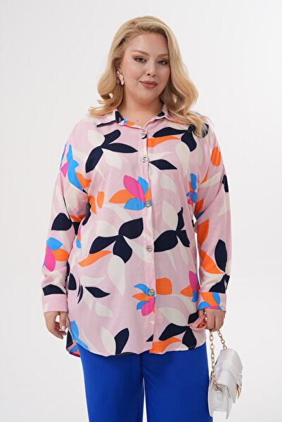 Polologin Butik Leaf Patterned Pink Viscose Tunic