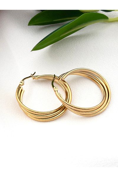 Siya Silver Non-Tarnish Steel Three Row Spiral Hoop Earrings - 3.5 cm