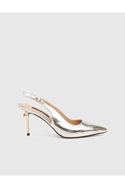 İLVİ Panya Hakiki Yılan Baskılı Deri Kadın Altın Renk Topuklu Sandalet