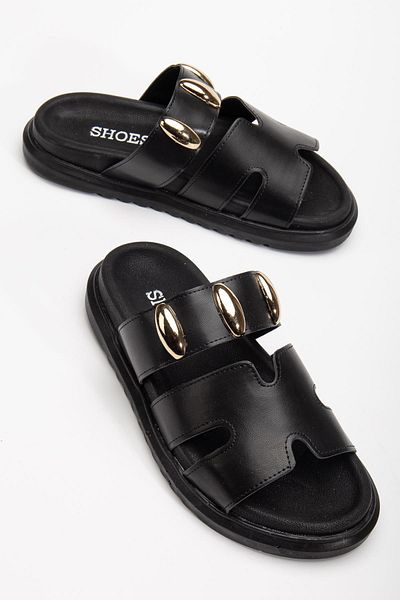 Tonny Black Women's Black Banded Buckle Detailed Design Slippers