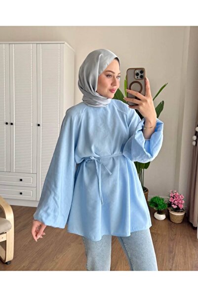 Bahar Altundemir Kadın Balon Kol Belden Bağlamalı Tesettür Mavi Tunik Gömlek ...