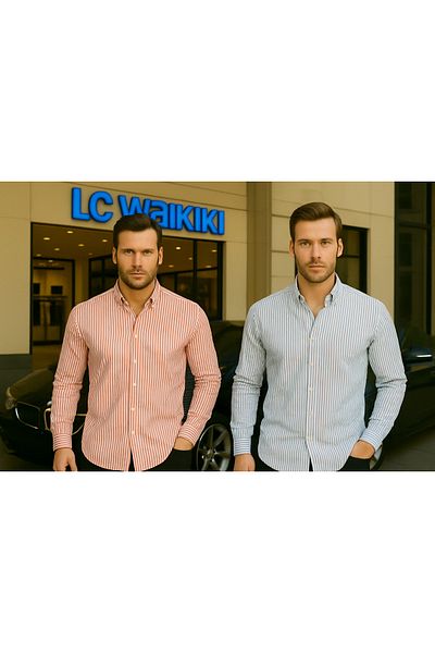 LC Waikiki 100% Organic Cotton Premium Quality Luxury New Season Striped Buttoned Men's Style Shirt 2-Piece
