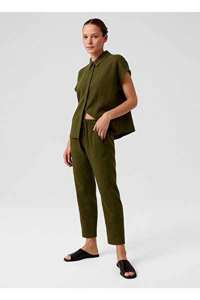 Triko Mısırlı Haki Beli Bağcıklı Cep Detaylı Kadın Pantolon