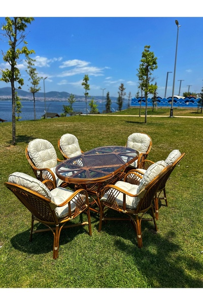 KLAS BAMBU Romano 6 Kişilik Bambu Bahçe Takımı Oval - Doğal Bambu Renk, Şık, ...