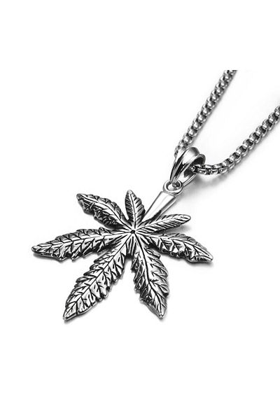 Tessero Cubed Design Necklace with Marijuana Plant Pendant, Silver Plated, Tessero, Silver