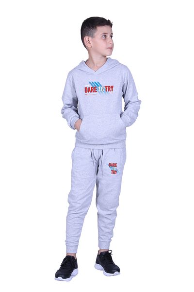 FYK KİDS Hooded Kangaroo Pocket Dare to Try Text Printed Boy's Tracksuit Set