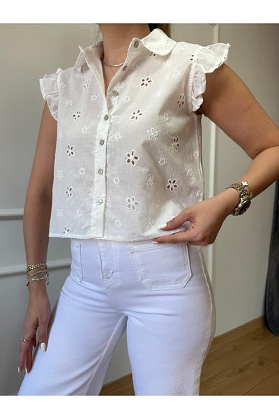 Size Özgü Ecru Baby Collar Brode Shirt