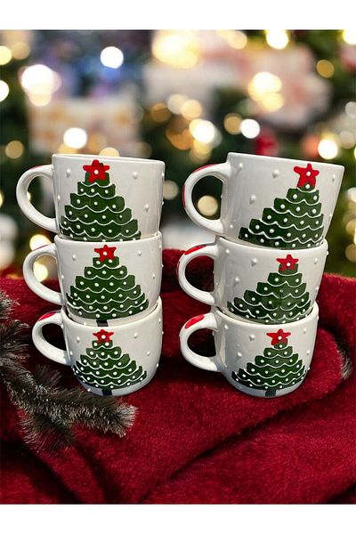 BB TRADE Handmade Christmas Themed Hand Painted Pine Tree Patterned Gift Set of 6 Ceramic Mugs