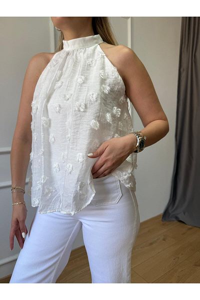 Size Özgü Ecru Floral Detailed Halter Neck Blouse