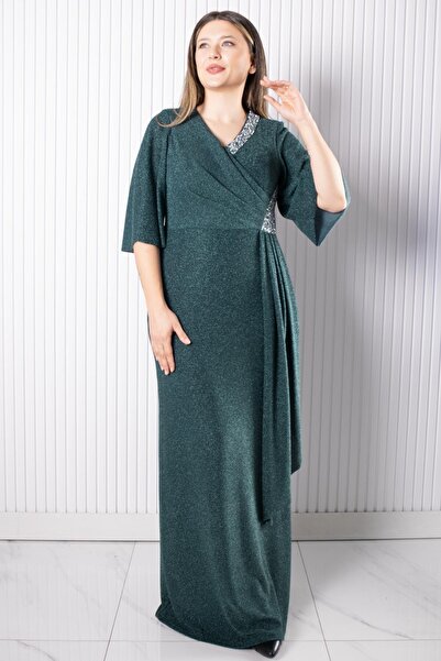 SUBU TASARIM Βραδινό φόρεμα με λεπτομέρεια από πέτρα Πράσινο TBSMDA2541
