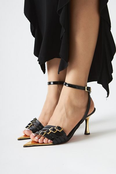 Limoya Helna Black Gold Buckle Thin Heeled Ankle Strap Women's Sandals