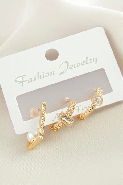 KAKTÜS JACK 3 Pieces Rectangular Pearl Zircon Stone Earrings
