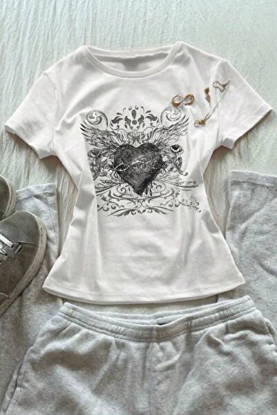 1blood Beyaz Gotik Heart Harajuku Y2K Kısa Kollu Crop