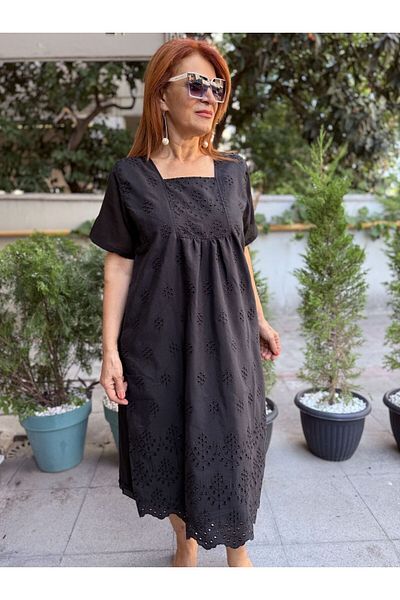 DenizEge Square Neck Brode Dress Black-46