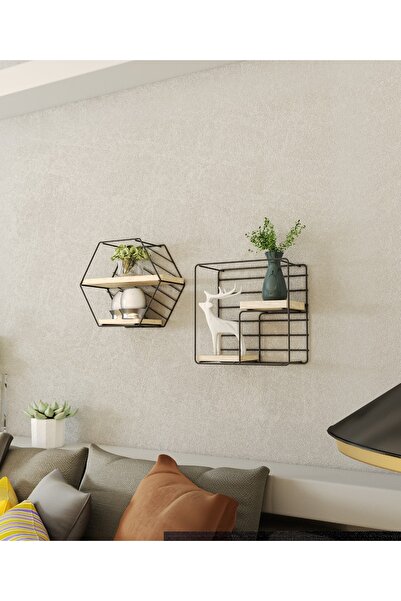 Suntel 2'li Ahşap Duvar Rafı Seti | Metal 6 Gen ve Kare Gövdeli Dekoratif Raflar
