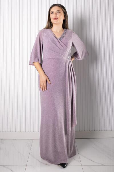 SUBU TASARIM Evening Dress with Stone Print Detail Lilac Tbsmda2541
