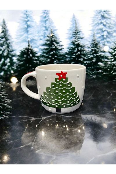 BB TRADE Handmade Christmas Themed Hand Painted Pine Tree Patterned Gift Ceramic Mug