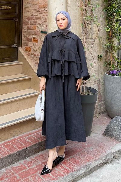 lamelif Front Bow Tie Blouse Skirt Hijab Suit Black
