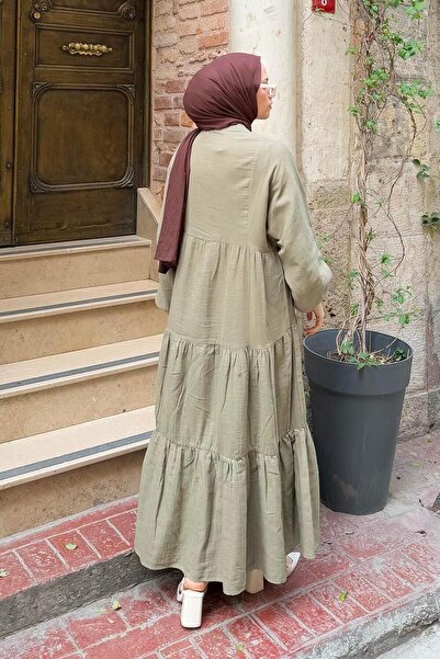 lamelif Front Half Button Detailed Muslin Fabric Hijab Dress Oil Green